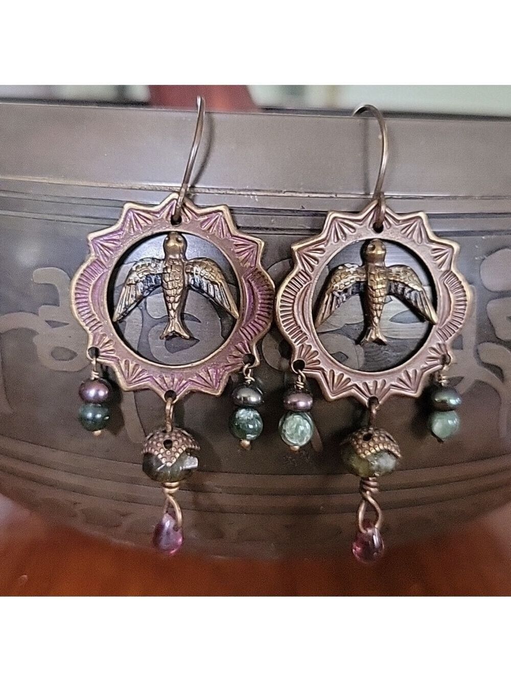 Flying into Light Bird Sunburst Ring Beaded Mini Chandelier Earrings